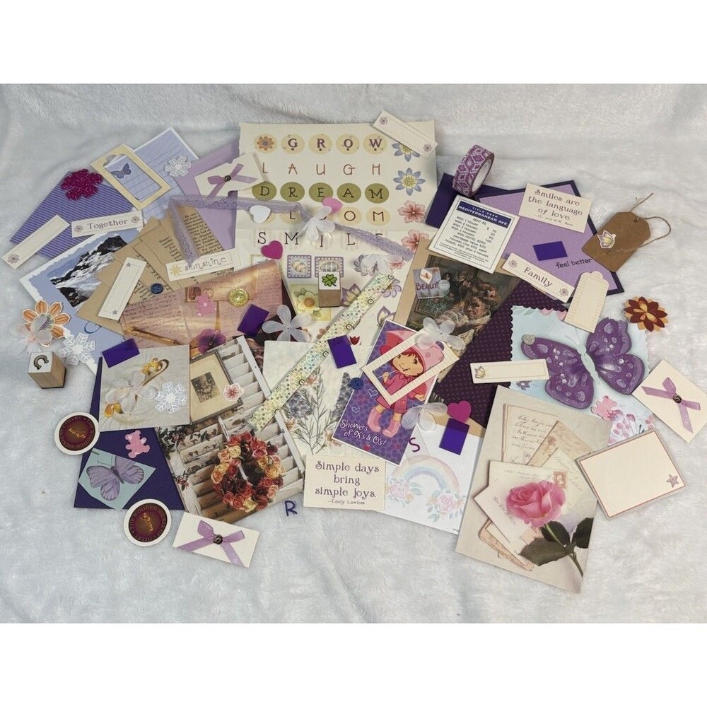 Ephemera Lot Junk Journal Scrapbook Purple Theme Mixed Media Art Supply 60+ Item
